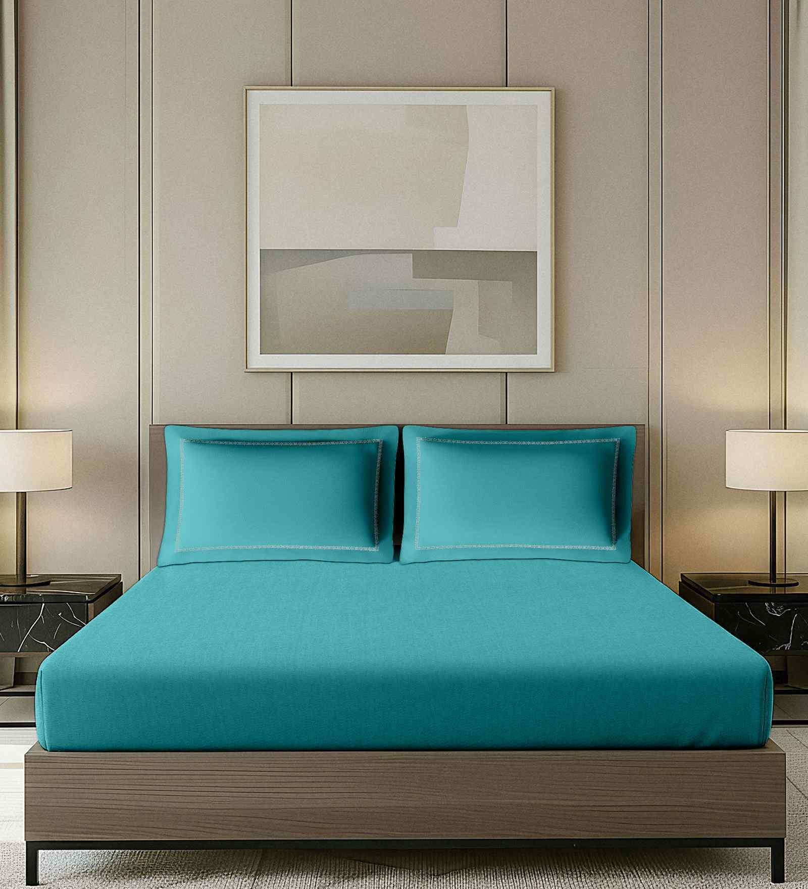 Teal Solid Teal With Geometric Embroidery 1400 TC Cotton King Double Bedsheet With 2 Pillow Covers