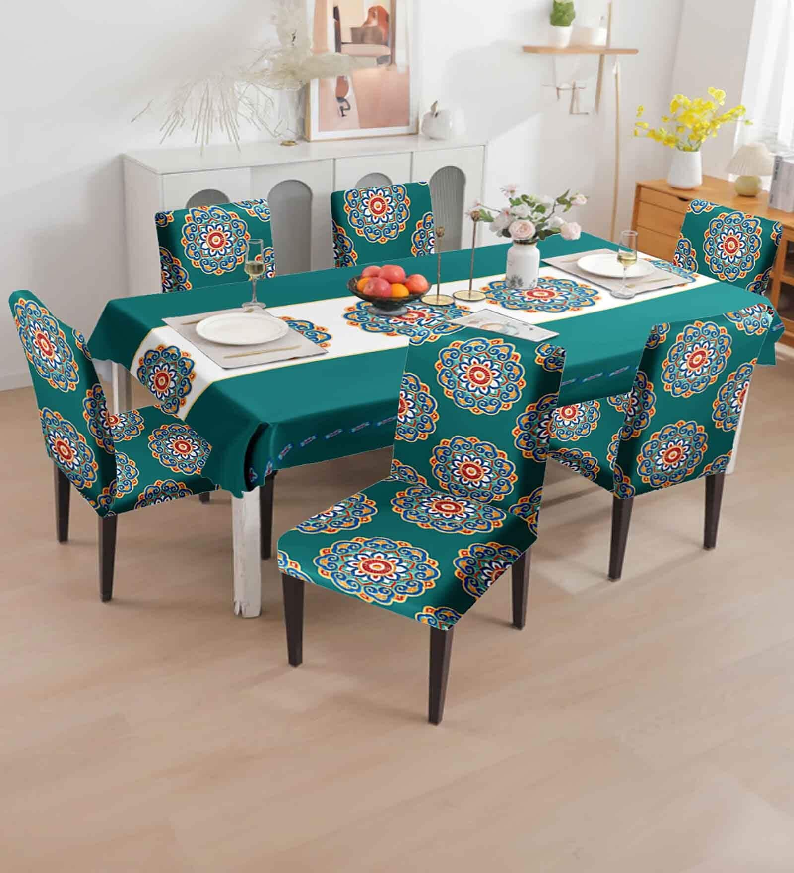 Teal Solids 7 Pcs PVC & Spandex Table Cover With 6 Chair Cover
