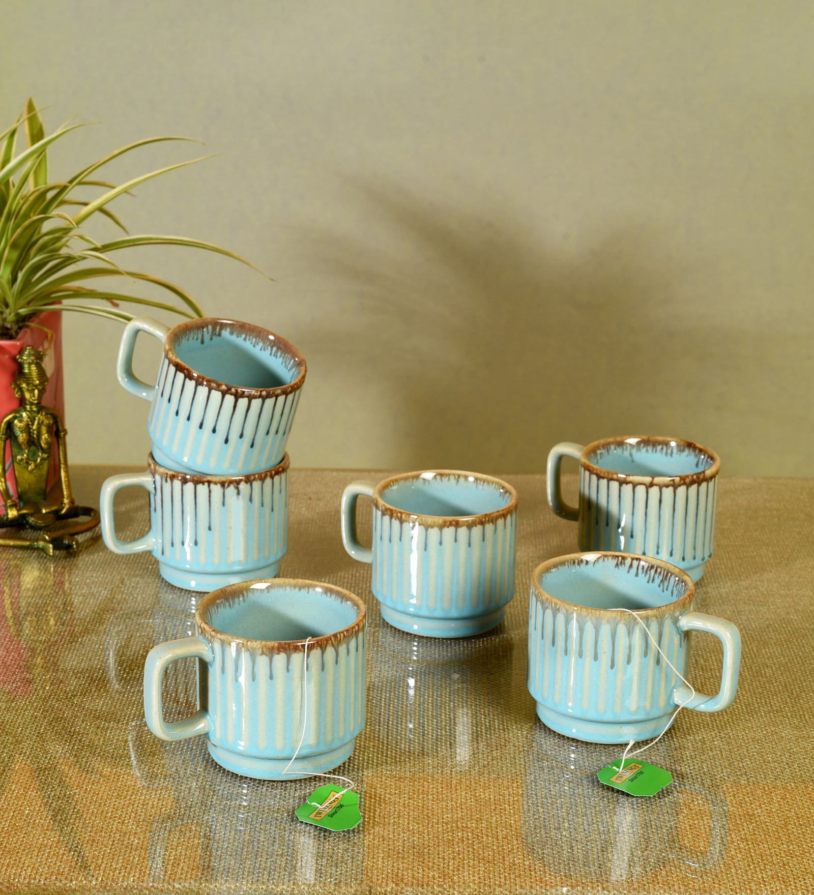 Stripes Sky Blue  Ceramic (Set of 6) Tea Cups