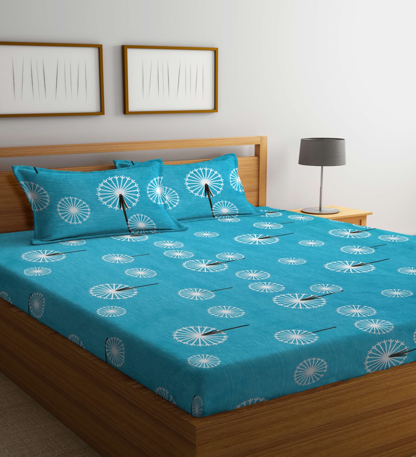 Buy Teal Traditional 300 TC Cotton Blend Double Queen Bedsheet With 2