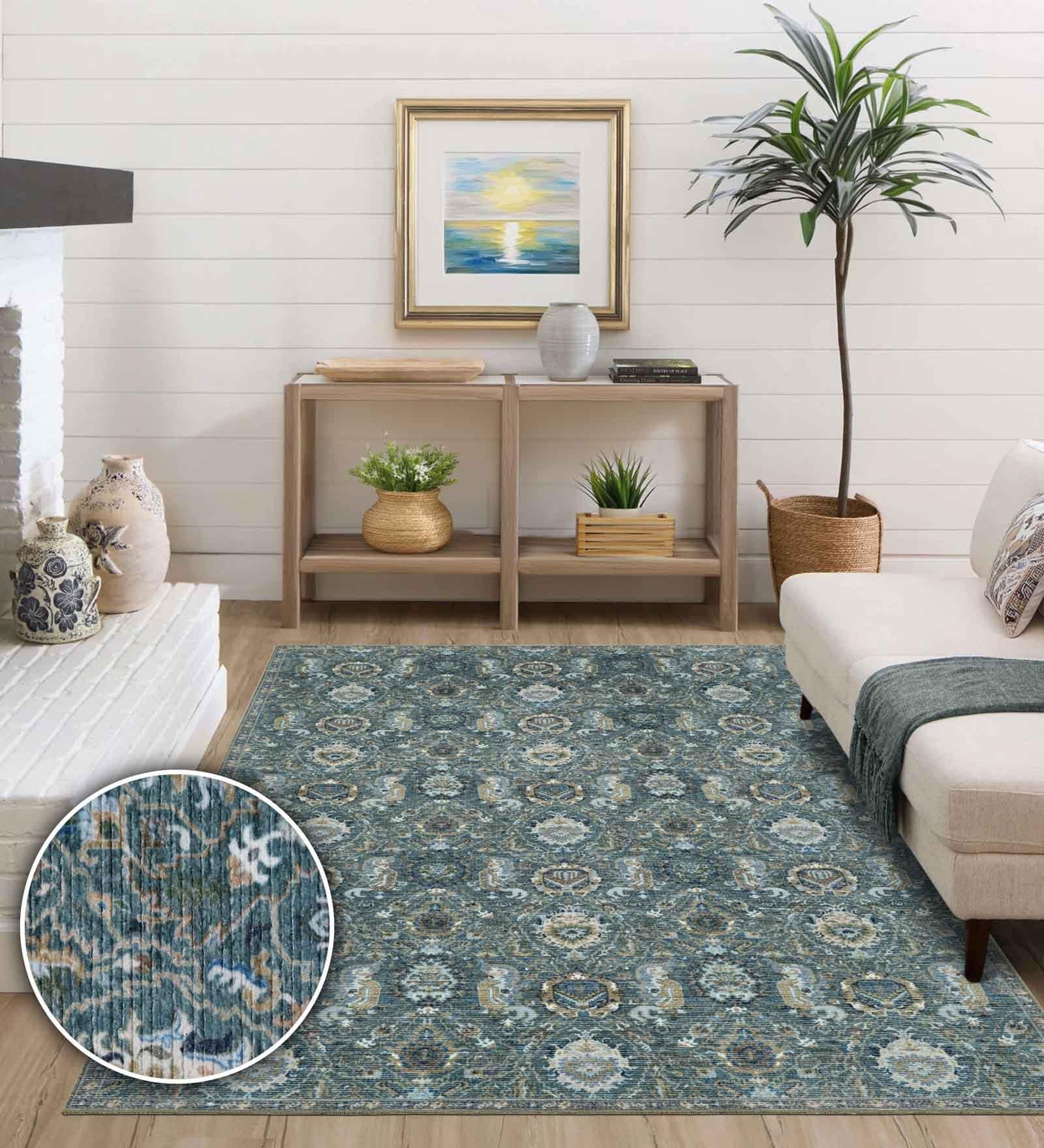 Teal Green Vintage Polyester 8' X 10' Machine Made Carpet