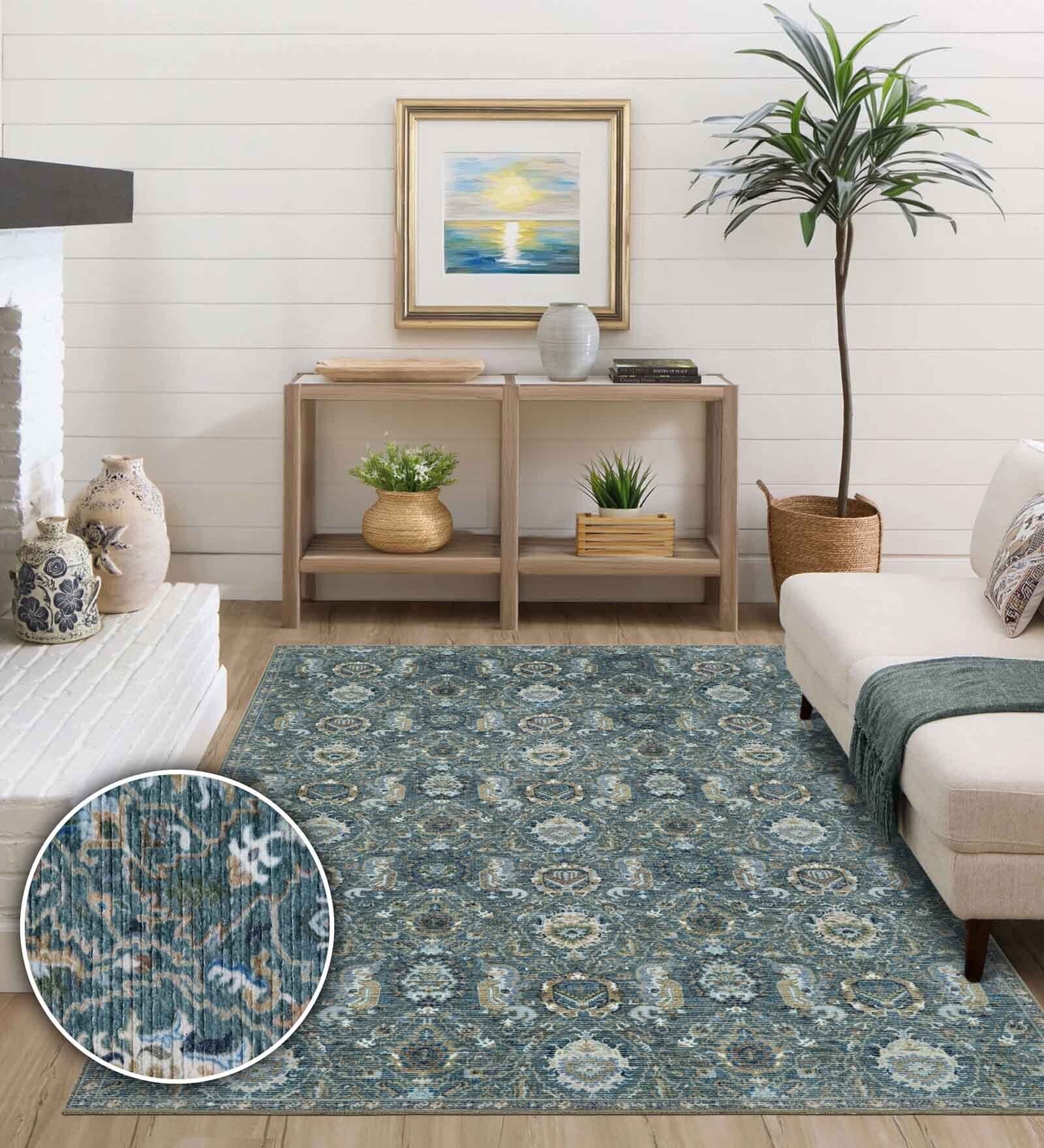 Teal Green Vintage Polyester 9' X 12' Machine Made Carpet