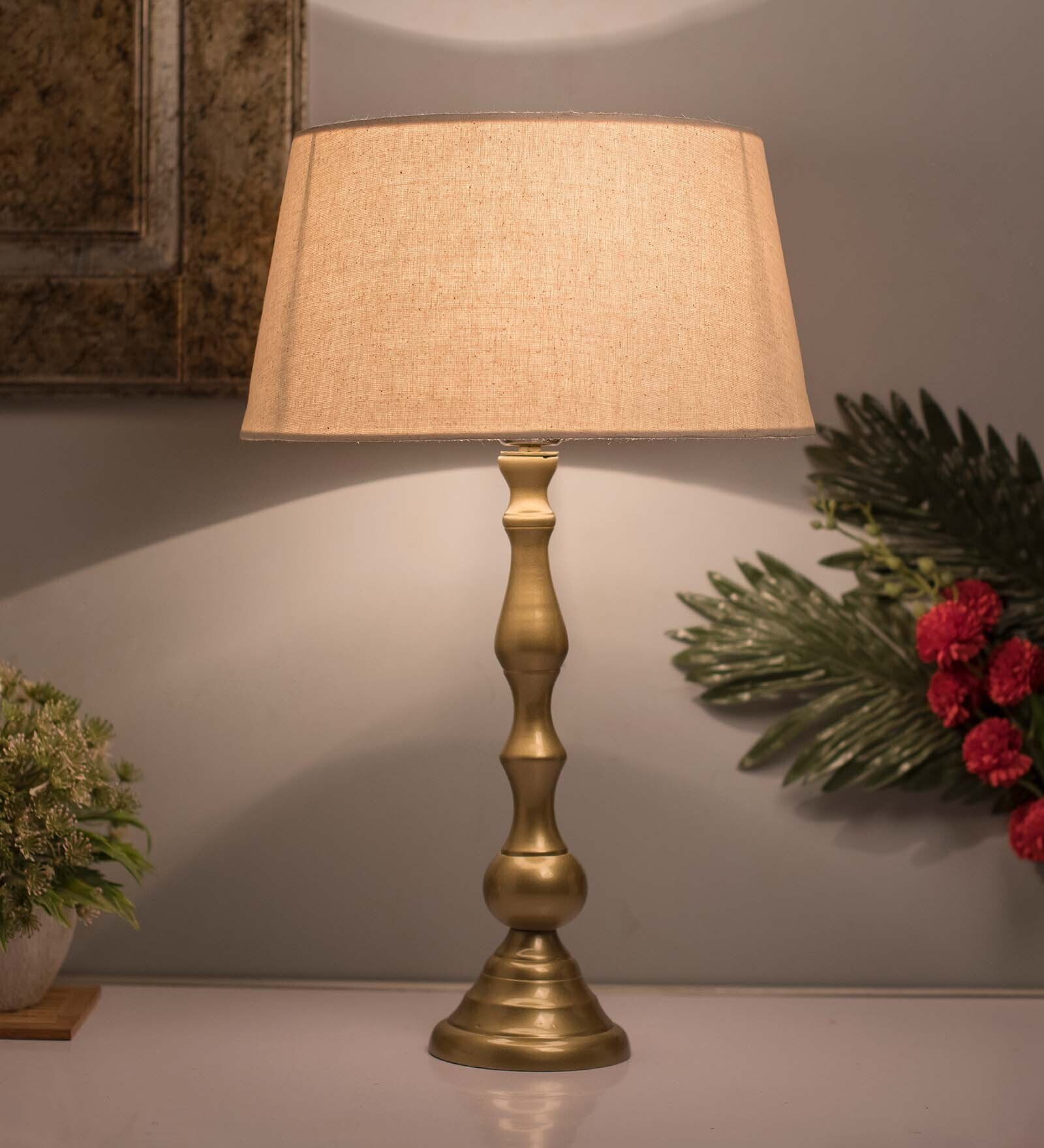 Teardrop Gold Brushed Lamp With Khadi Shade