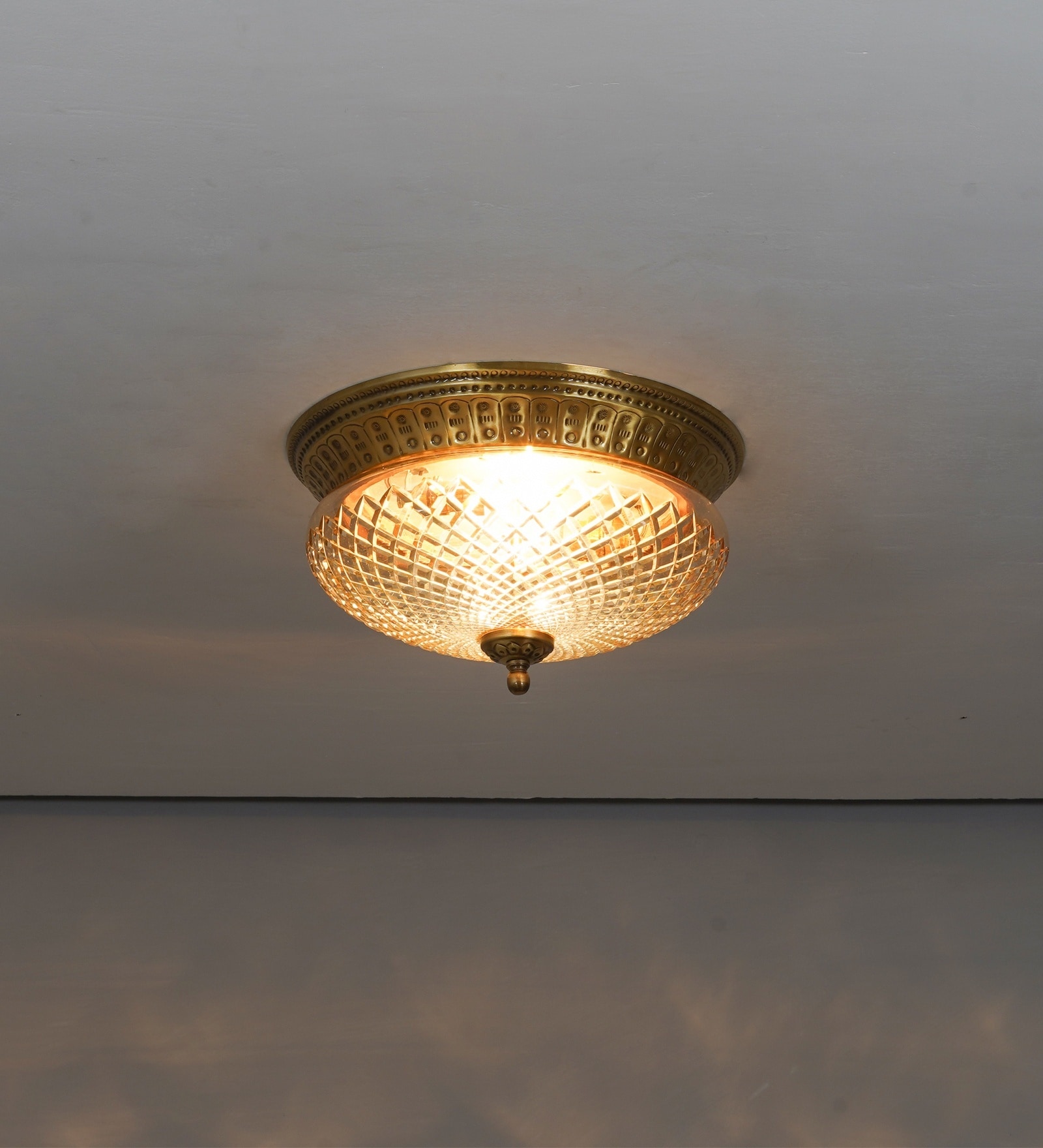 Telmor 2-Light Flush Mount Ceiling Light In Antique Brass Finish With Clear Star Diamond Cut Glass
