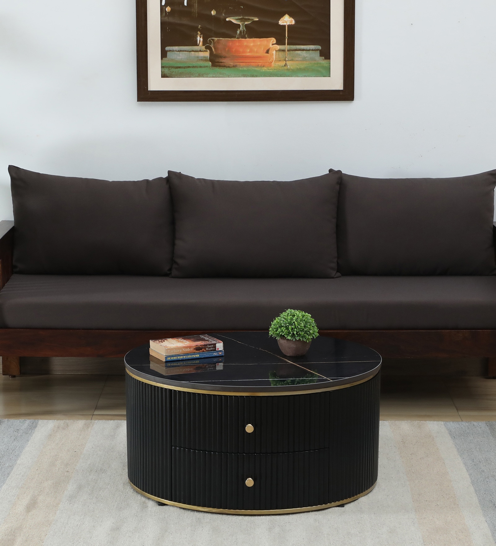Teran Mango Wood Round Coffee Table In Black Duco Paint Finish With Black Marble Top