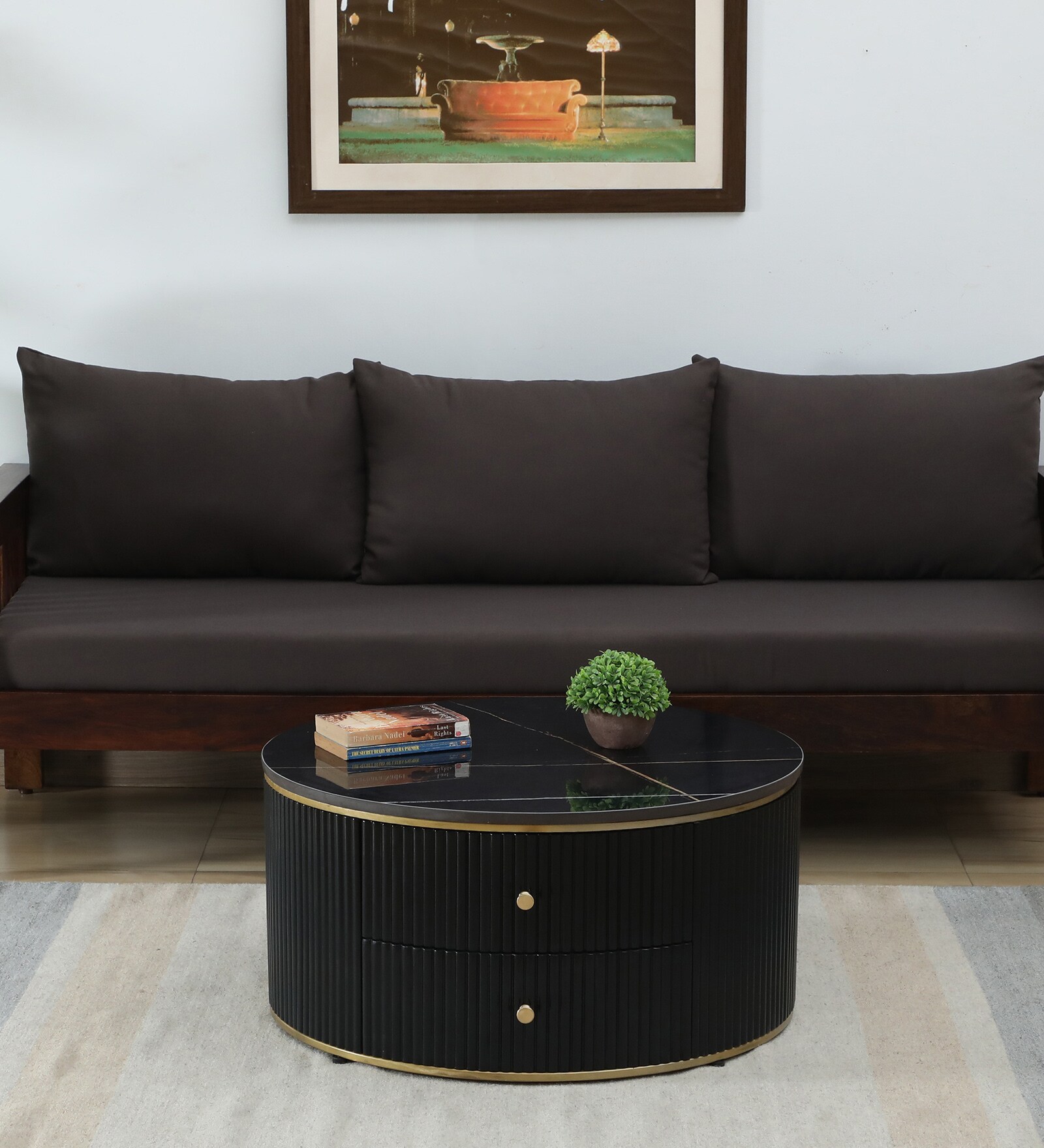 Teran Mango Wood Round Coffee Table In Black Duco Paint Finish With Black Marble Top