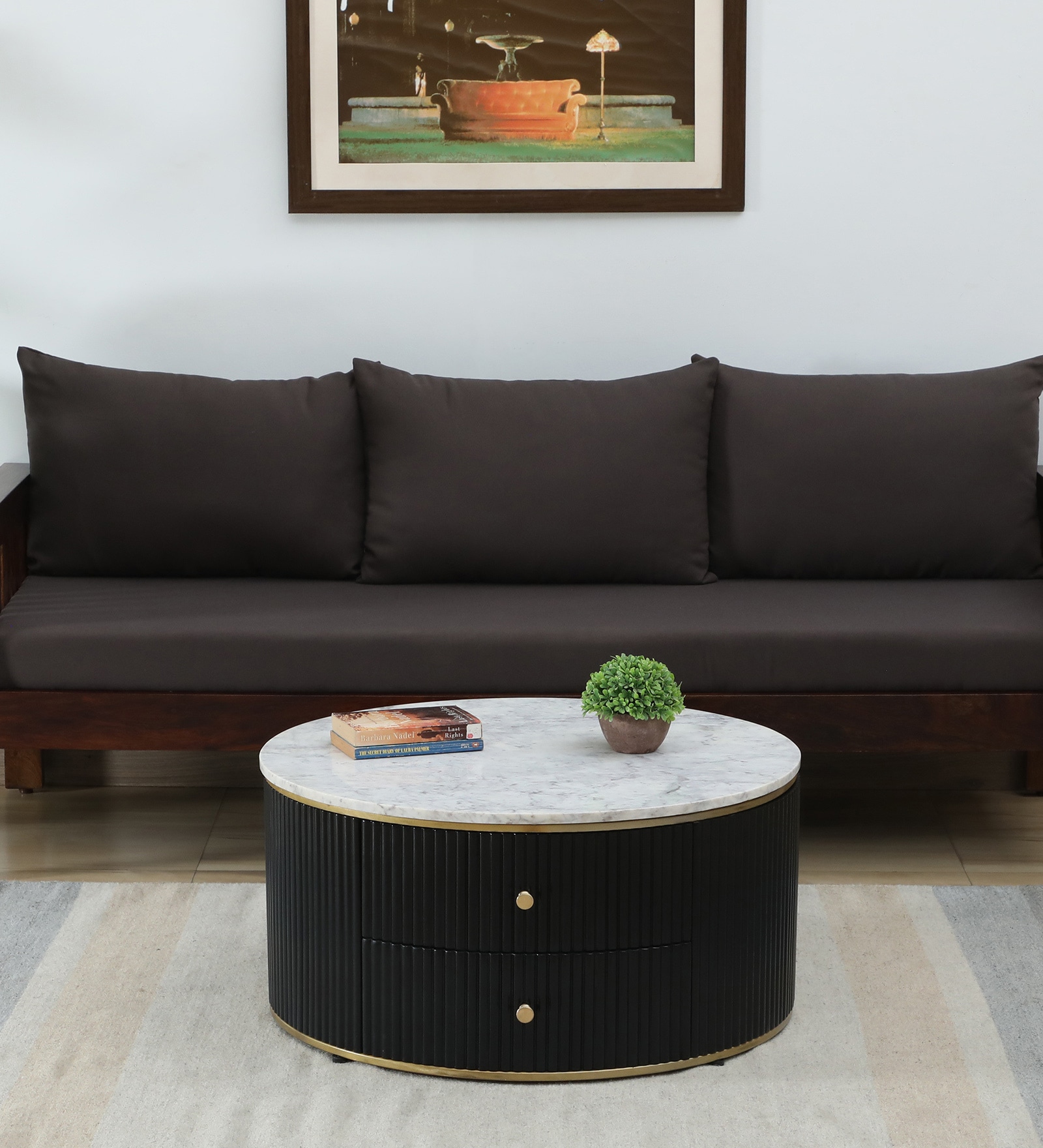 Teran Mango Wood Round Coffee Table In Black Duco Paint Finish With White Marble Top