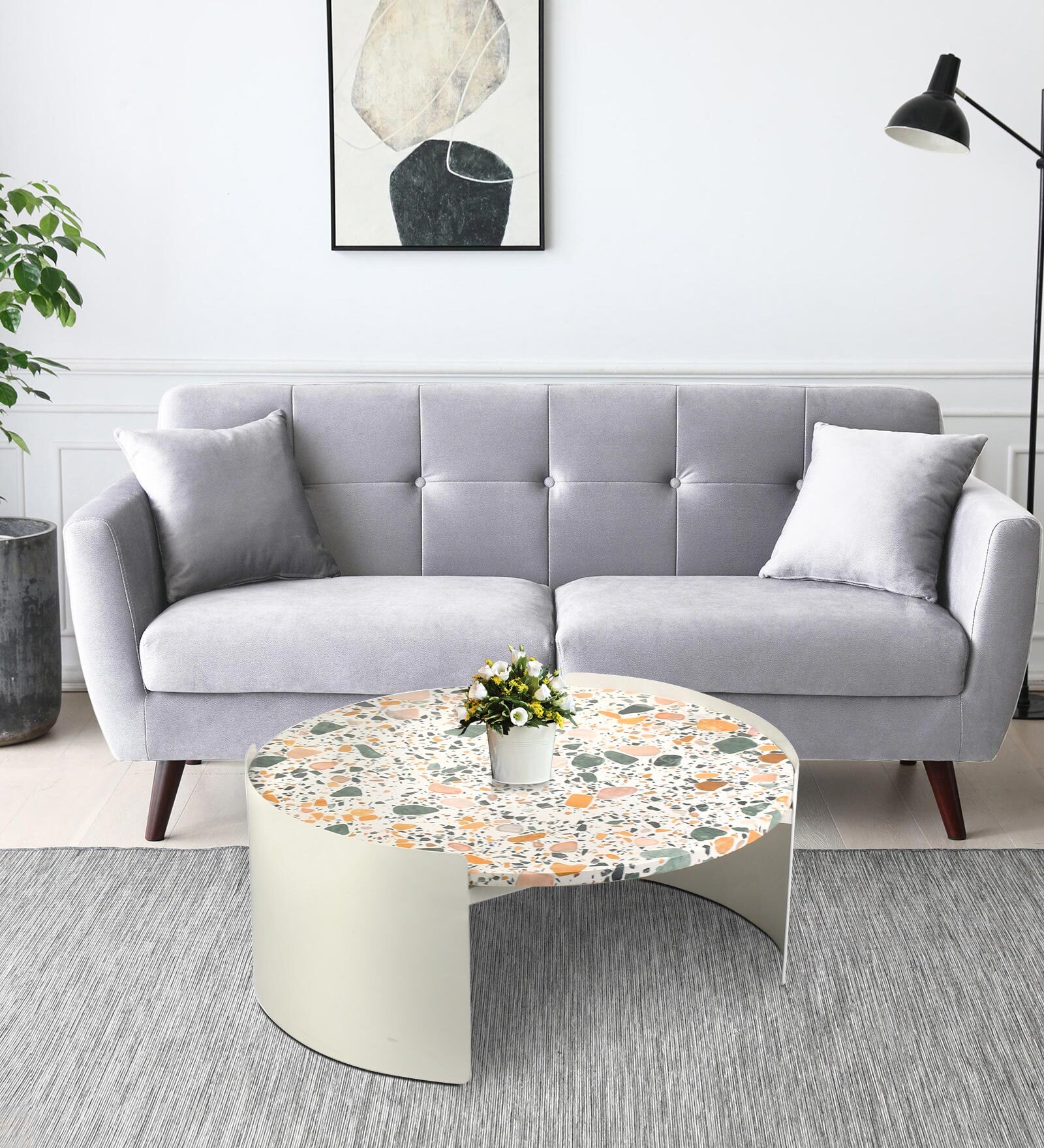 Terazzo Metal Coffee Table in White & Cream Colour