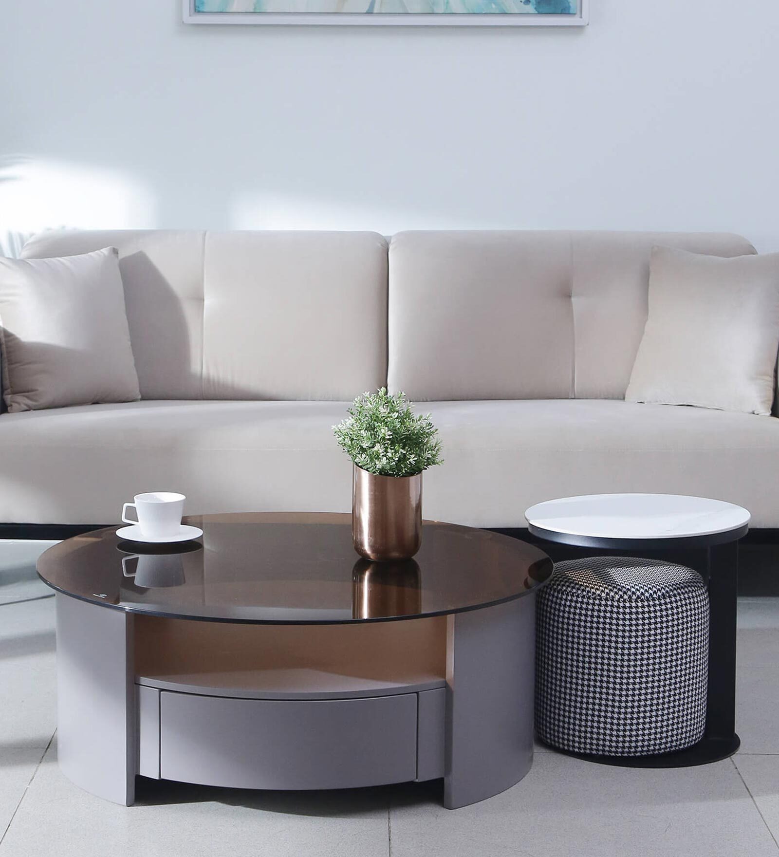 Buy Terra Glass Top Nesting Coffee Table in Grey Colour with Drawer