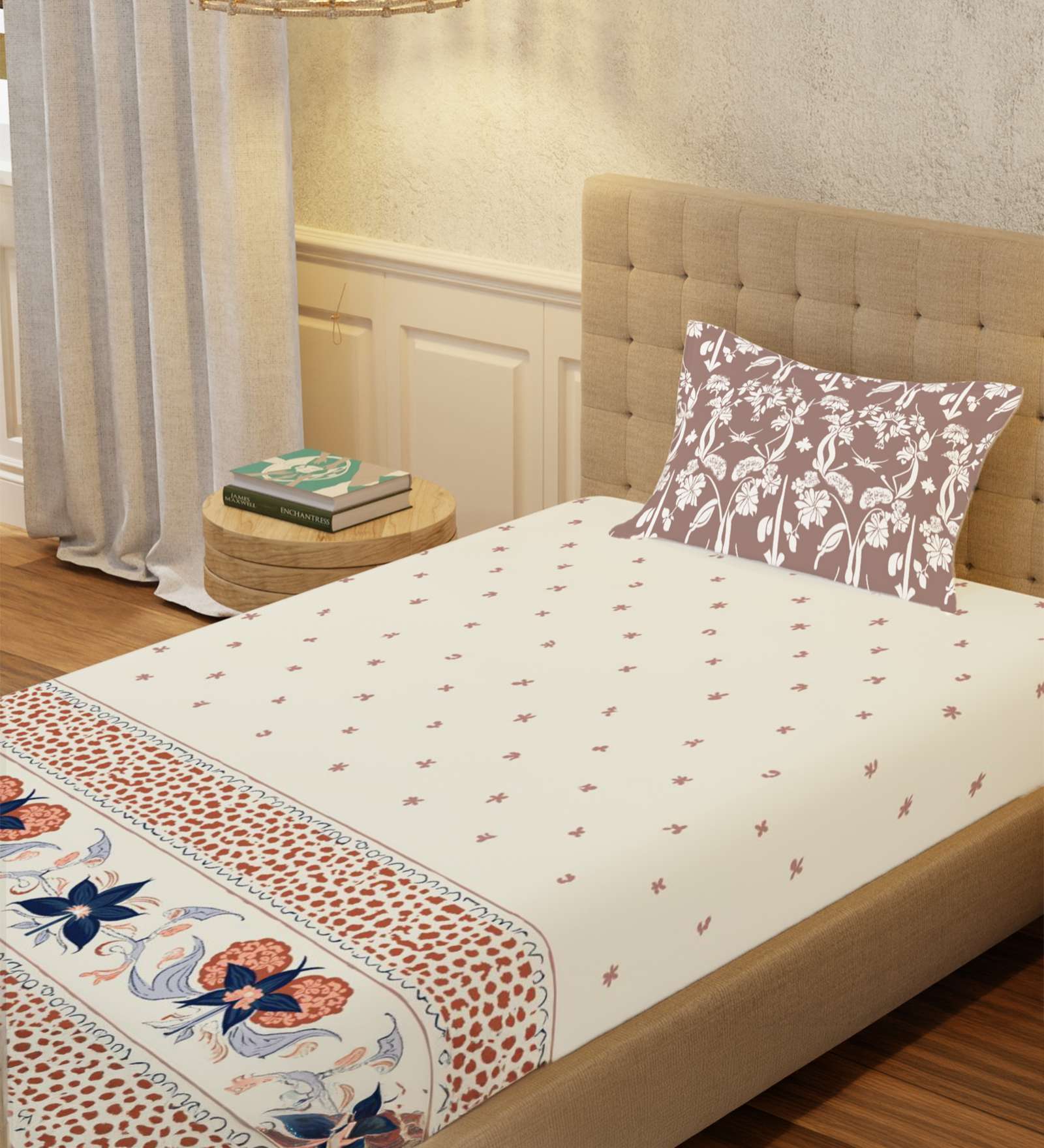 Terra Floral 200 TC Cotton Single Bedsheet with 1 Pillow Cover