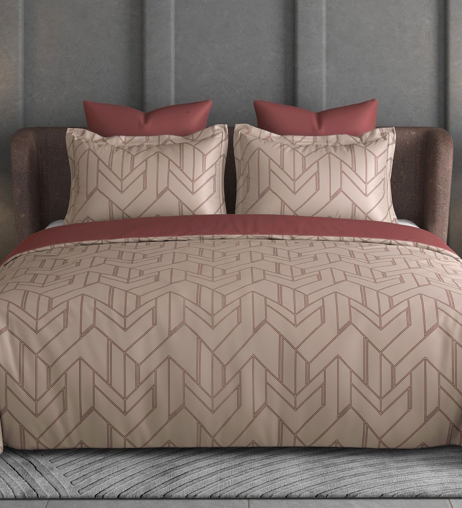 Terracotta Geometric 600TC Cotton Super King Sized Double Bedsheet with 2 Embroidery Pillow Covers