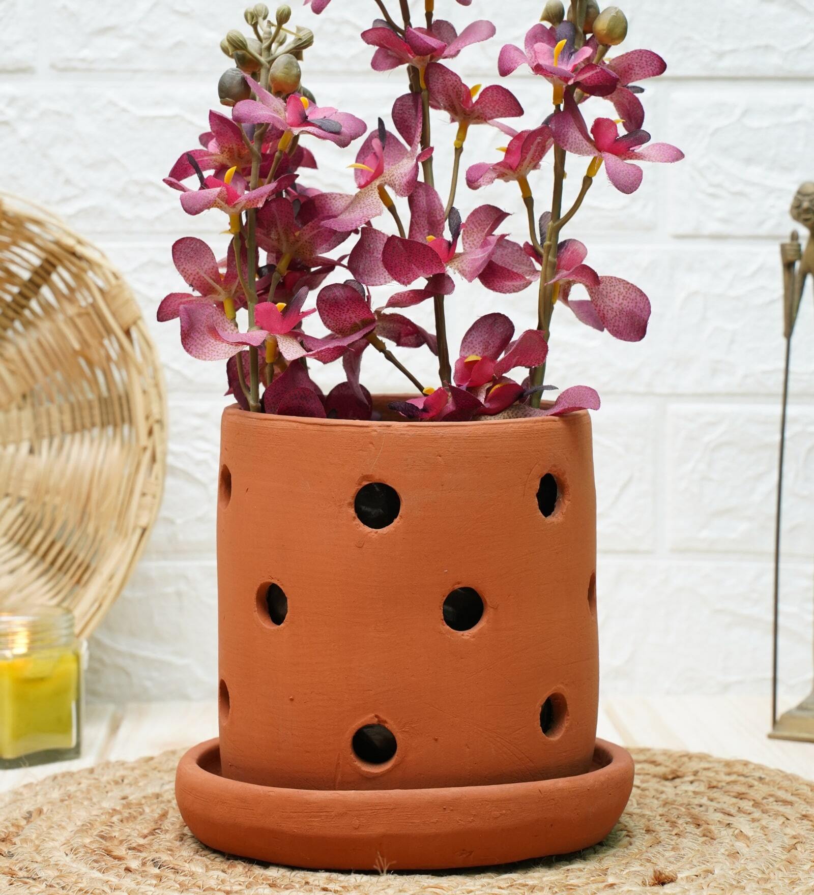 Terracotta Orchid Desk Pot with plate