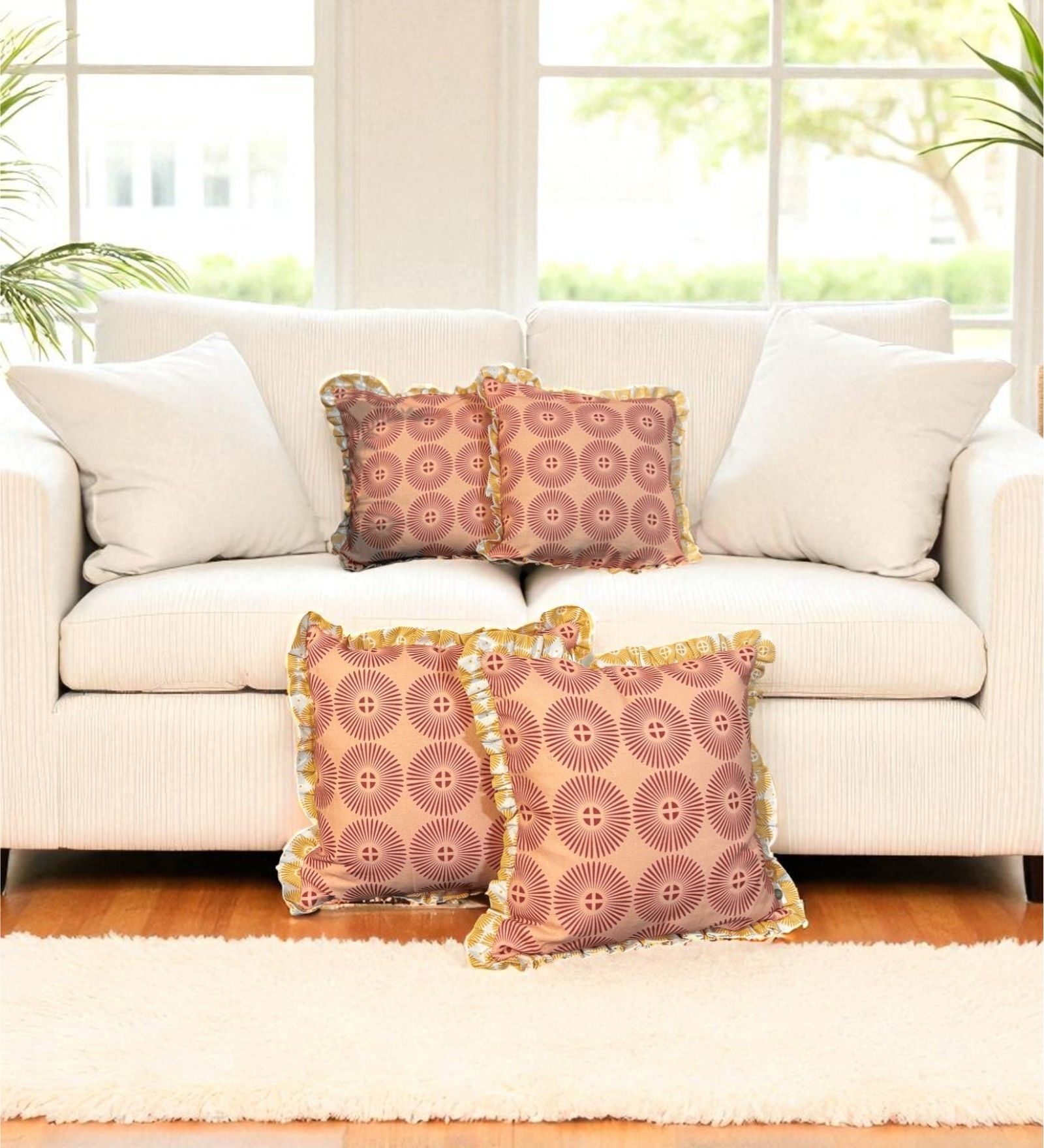 Brown Floral Cotton Ruffle 18x18 inches Cushion Covers Set of 4