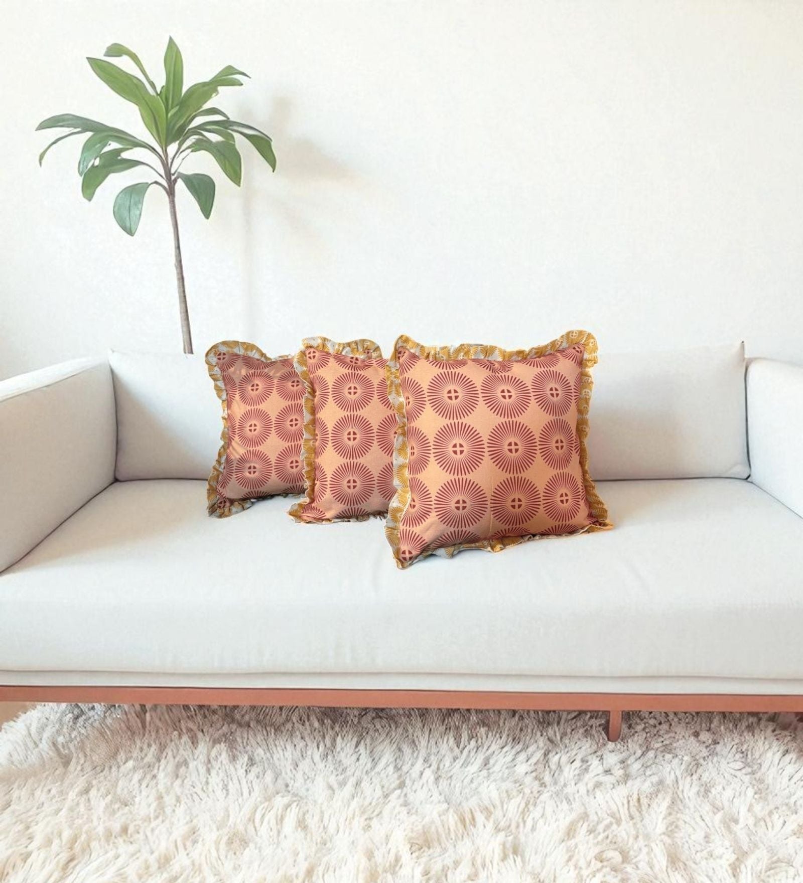 Brown Floral Cotton Ruffle 18x18 inches Cushion Covers Set of 3