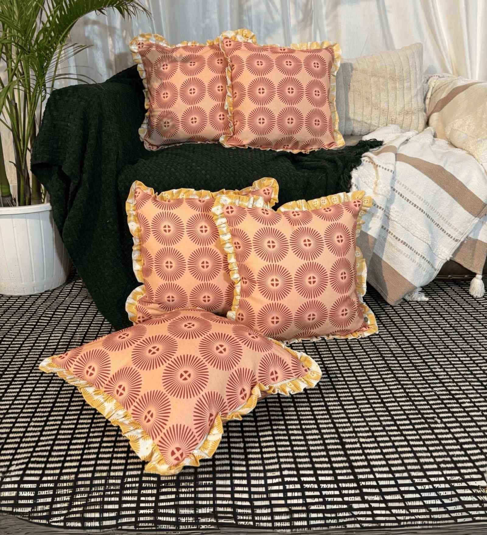 Brown Floral Cotton Ruffle 18x18 inches Cushion Covers Set of 5