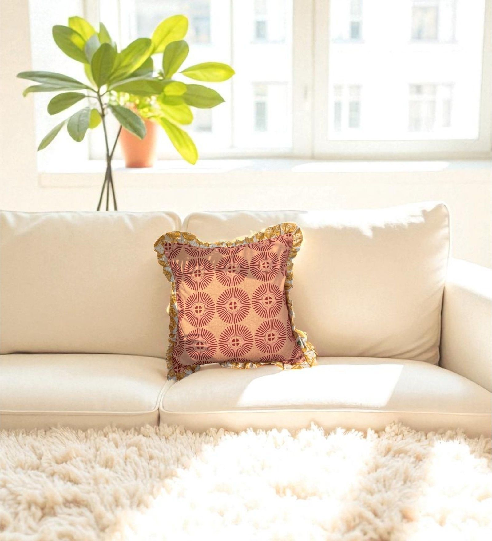 Brown Floral Cotton Ruffle 18x18 inches Cushion Cover