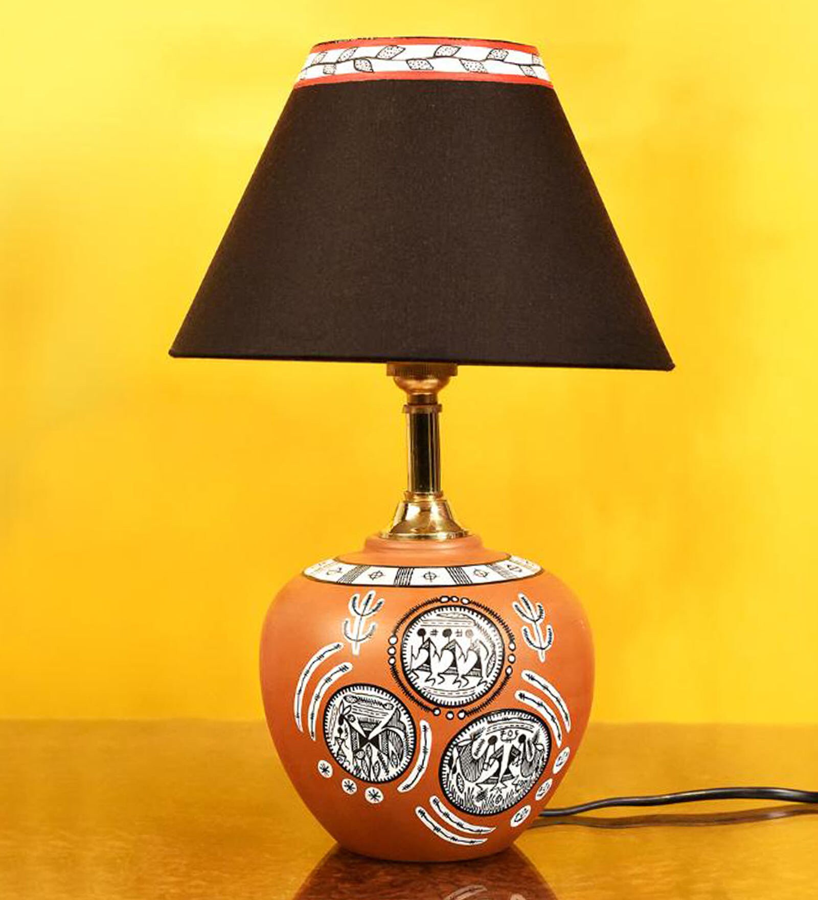 Terracotta Warli Handpainted Matki Black Cotton Shade Table Lamp With Brown Base