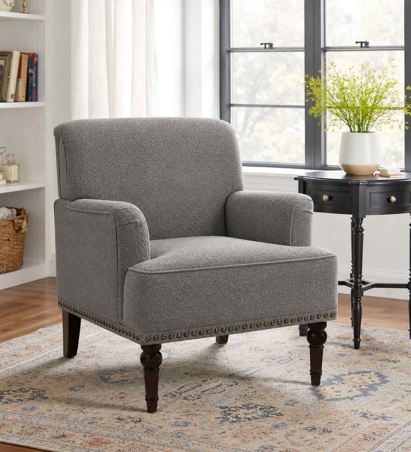 Terren Boucle Fabric Lounge Chair In Grey Colour