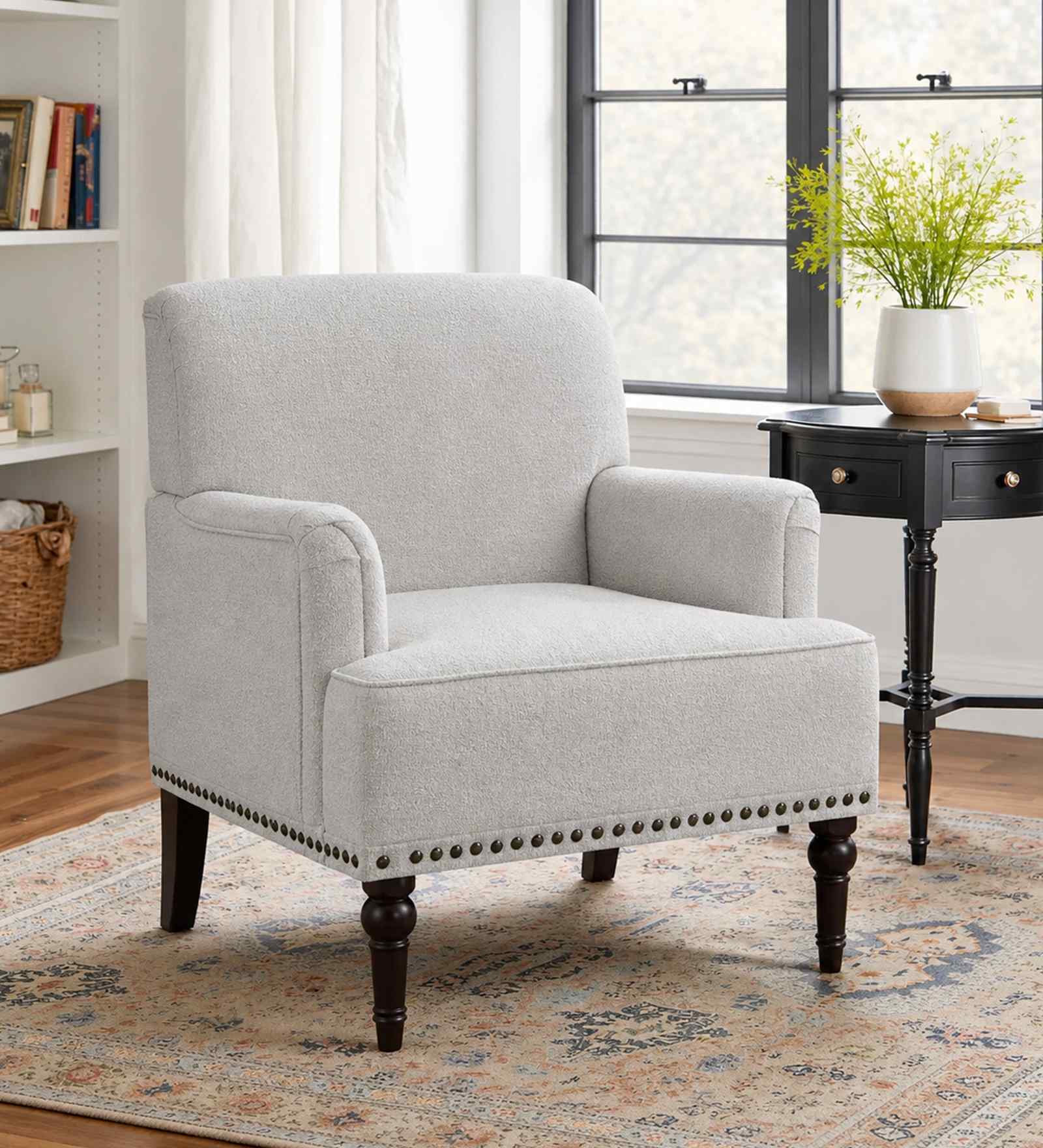 Terren Boucle Fabric Lounge Chair In White Colour