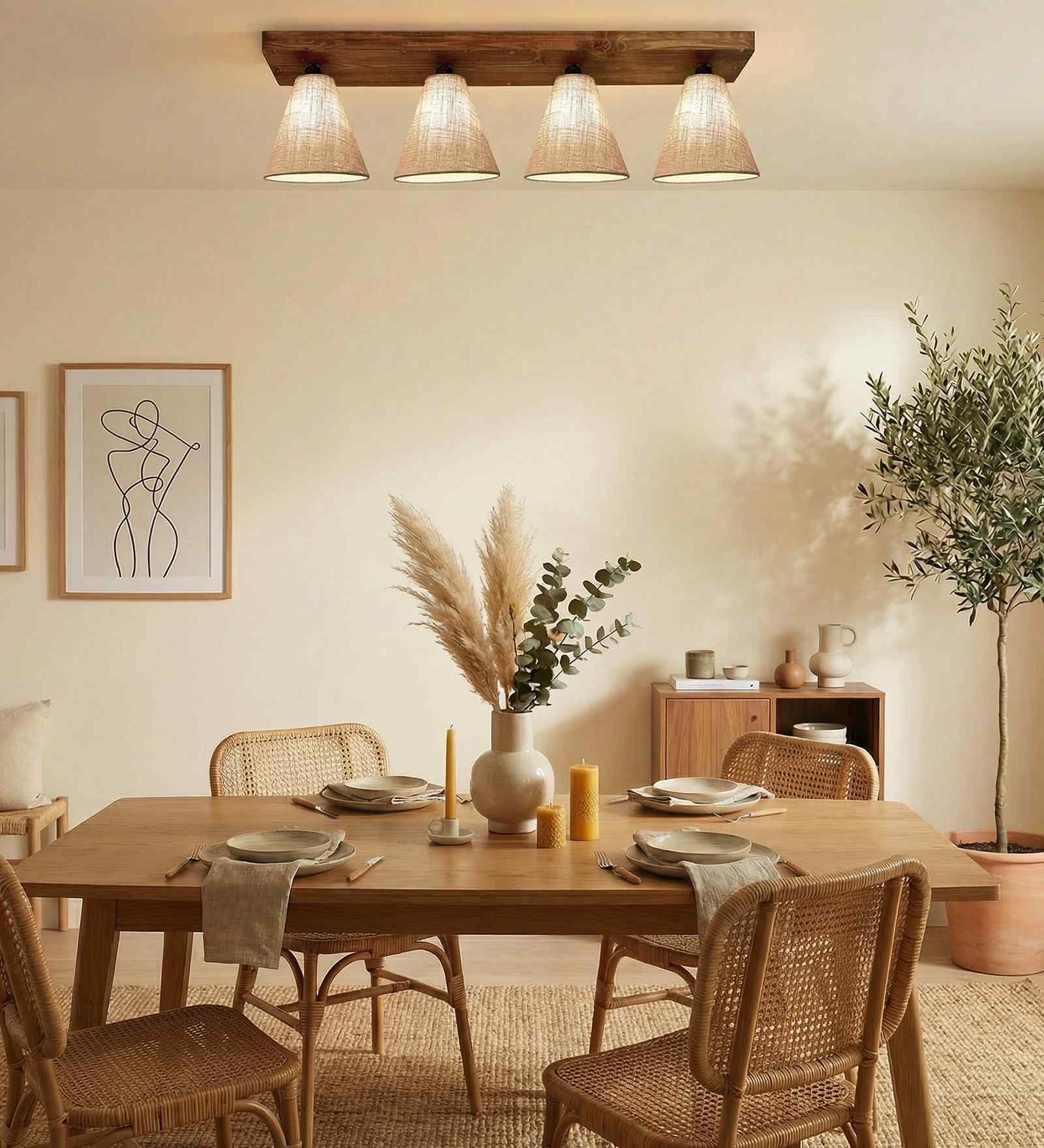 Terzo 4 Lights Beige and Brown Solid Wood Flush Mounted Ceiling Light