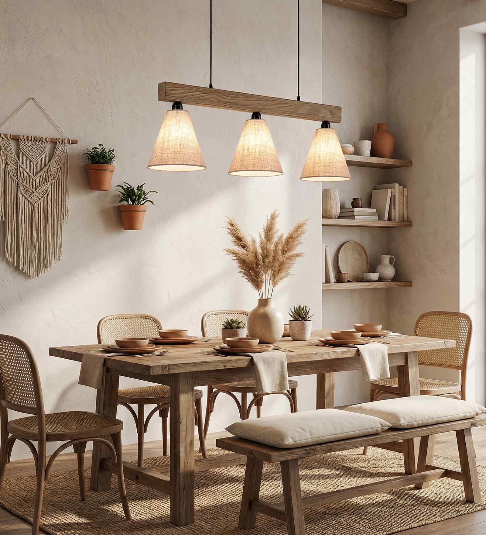 Terzo Beige & Brown Jute Shade with Solid Wood Linear Chandelier Cluster Hanging Light