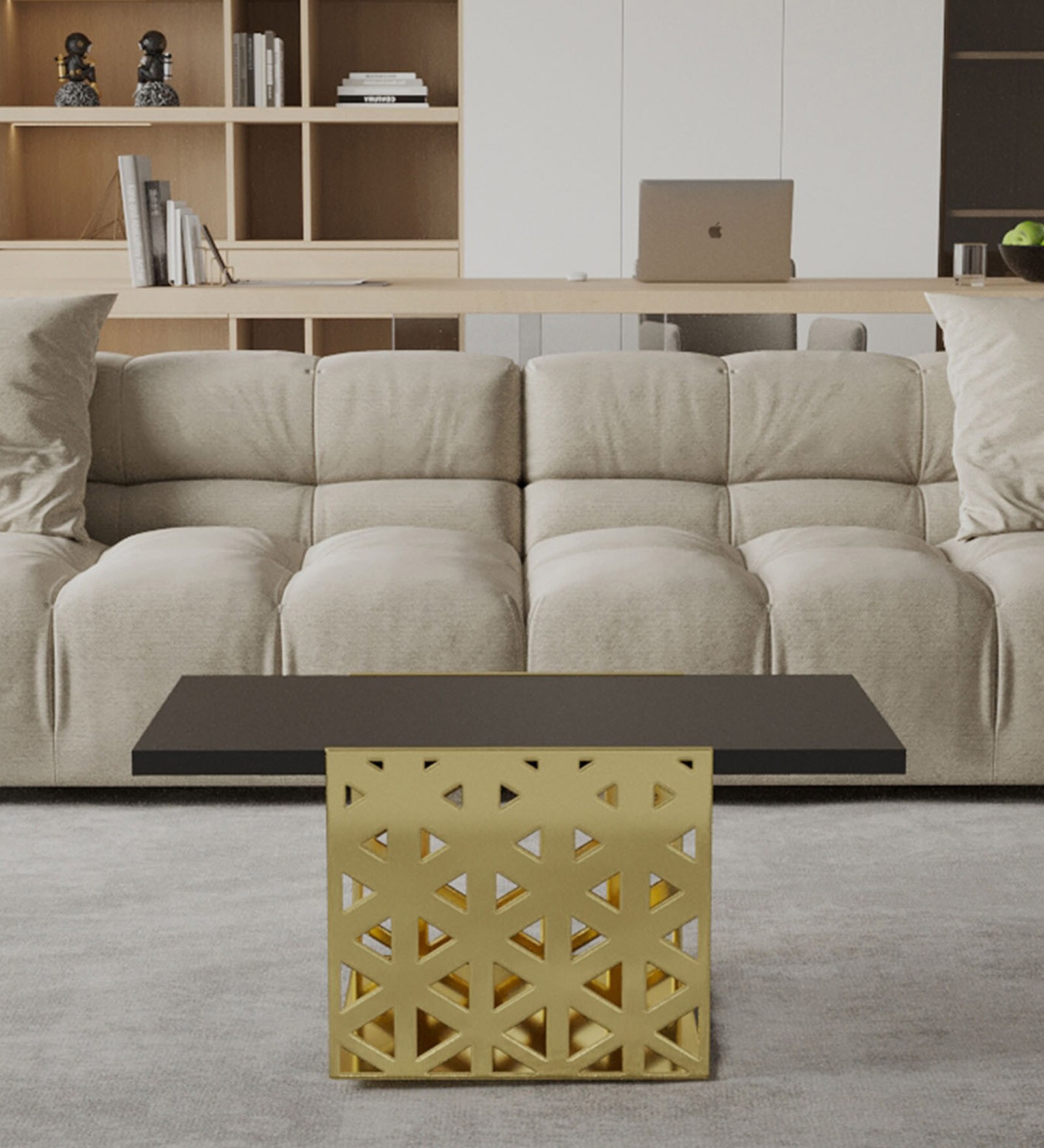 Tesselate Serpentine Metal Coffee Table in Gold Finish with Wooden Top
