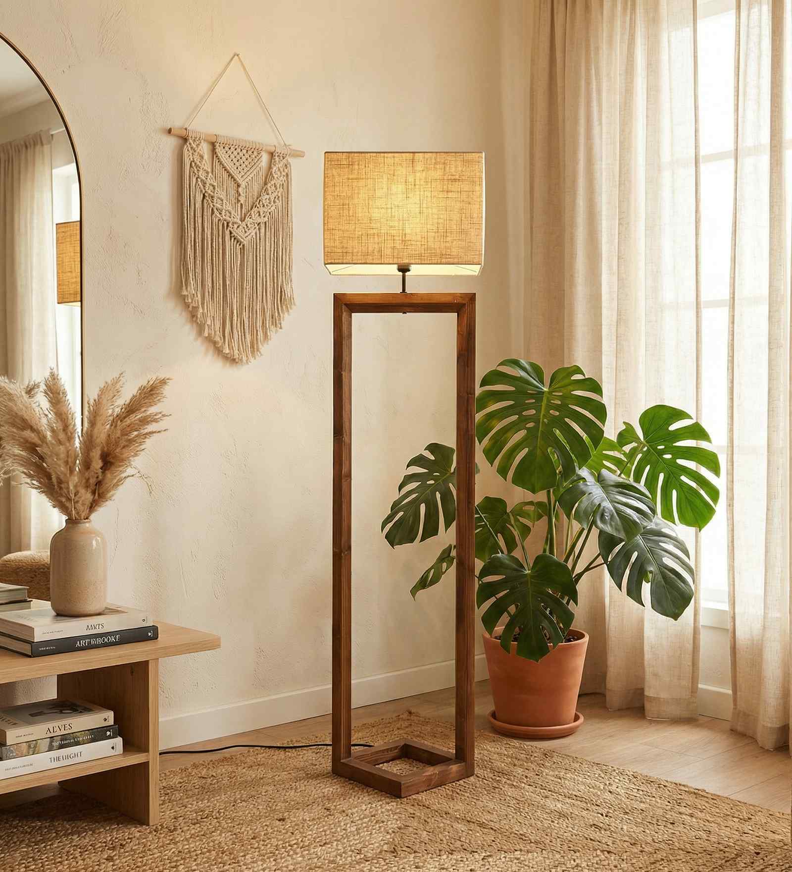 Tesseract Wooden Floor Lamp with Jute Shade & Brown Base