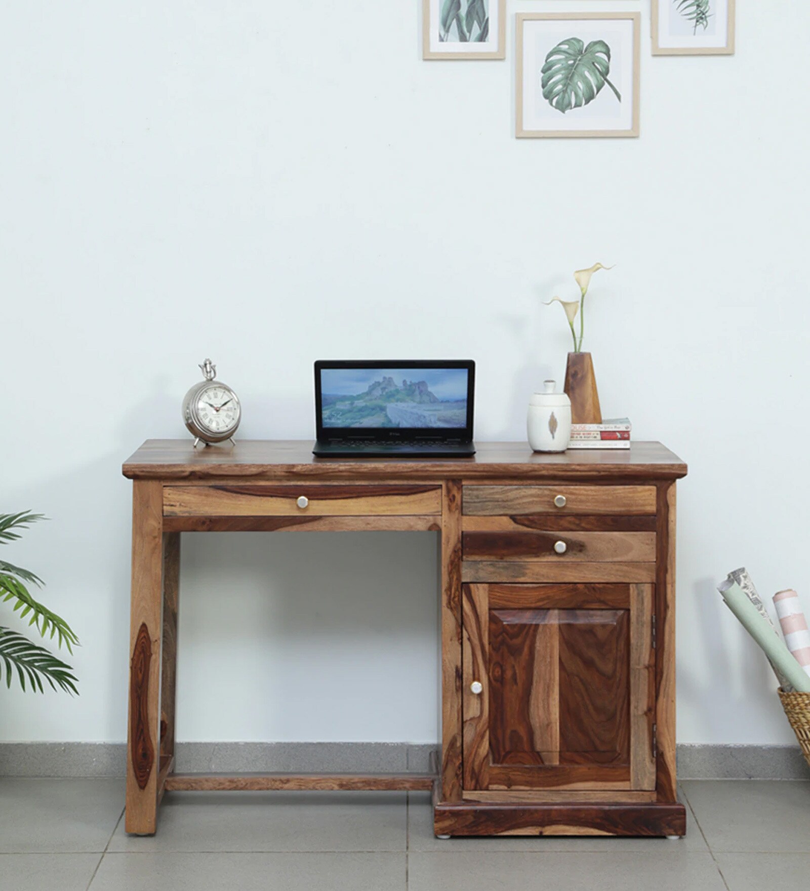 Tessin Sheesham Wood Writing Table In Rustic Teak Finish