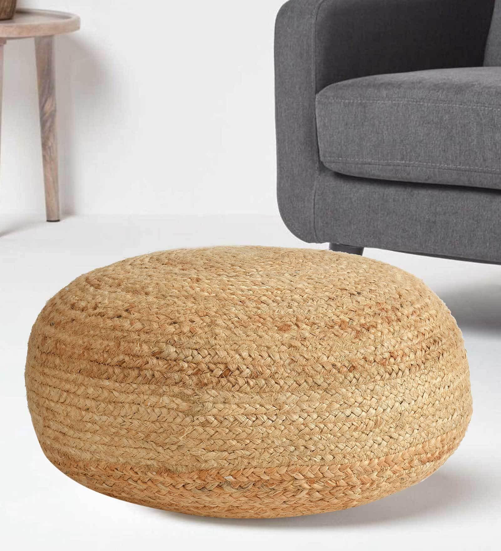 Teviston Jute Fabric Pouffe in Brown Colour