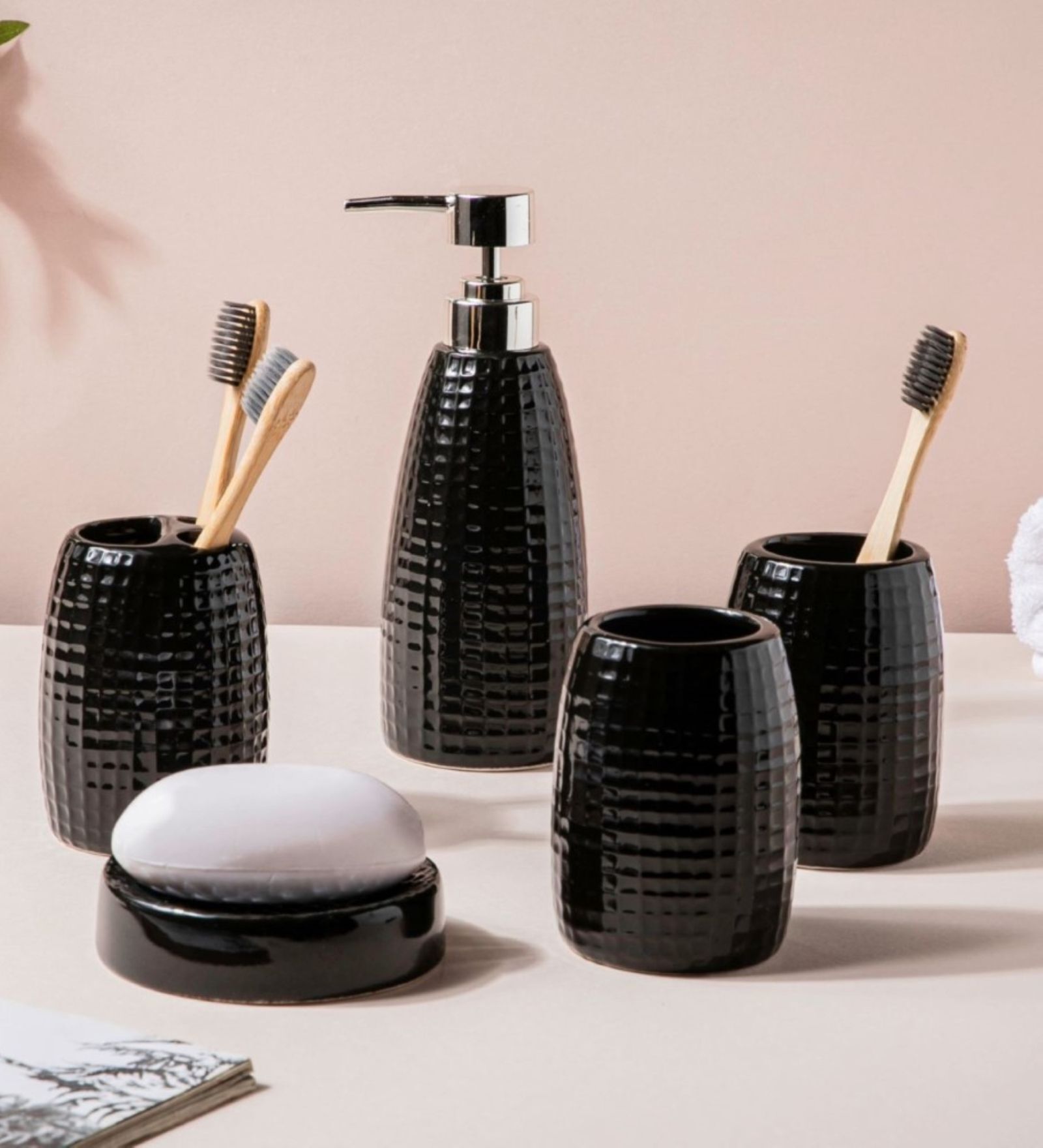 Buy Texture Black Ceramic Bathroom Accessory Set (Pack of 5) at 25 OFF