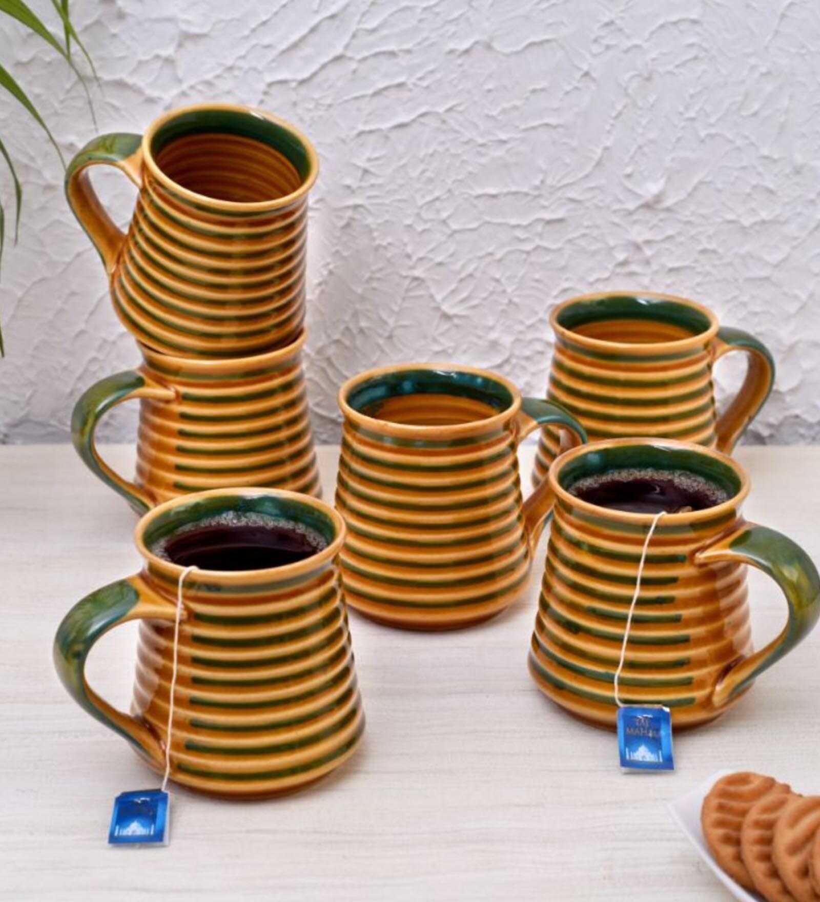 Textured 150Ml Yellow Green Ceramic (Set Of 6) Tea Cups