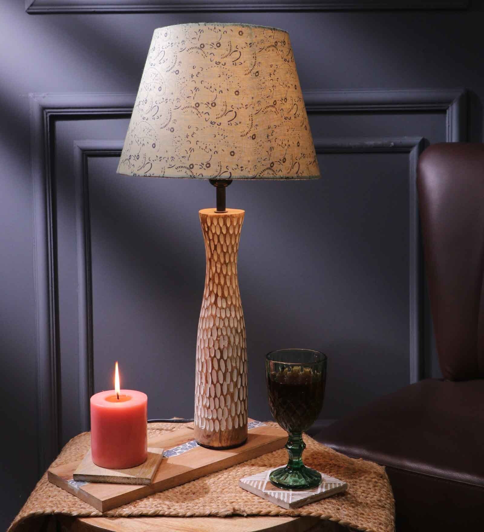 Textured E27 Holder Wooden Base Table Lamp (White Base) with Fabric Shade (Green)