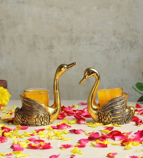 Set Of 2 Gold Metal Swan Tea Light Candle Holders    Decorative Showpieces