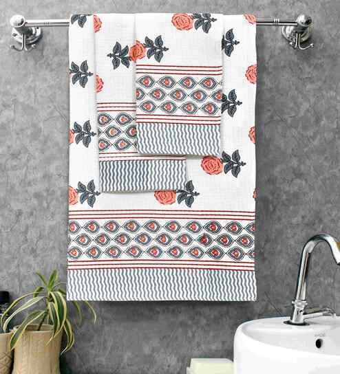 Tea Rose Madhuban Floral Waffle Cotton 250 GSM Bath & Hand Towel Set