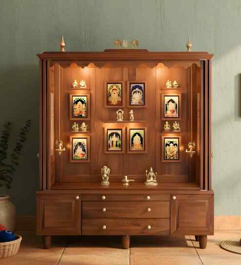 Anandam Teak Wooden Pooja Mandir With Door