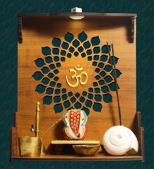 Brown Teak Wood Wall Mounted Mandir Without Door