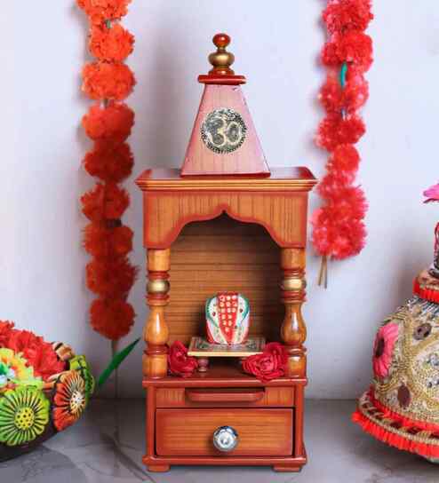 Gold Aradhya Wall Mount Teak Wooden Pooja Mandir