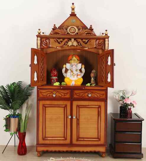 Gold Divine Palace Large Floor Teak Wooden Pooja Mandir With Door
