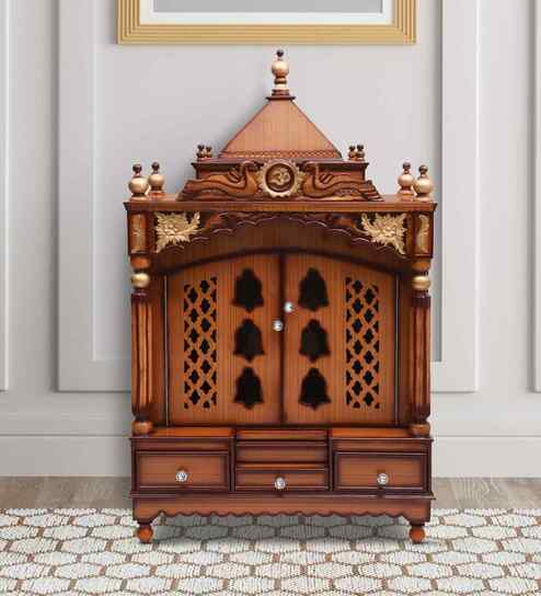 Gold Large Floor Rested Pooja Mandir With Door