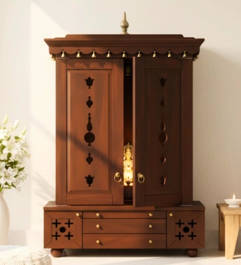 Omkaram Teak Wooden Pooja Mandir With Door
