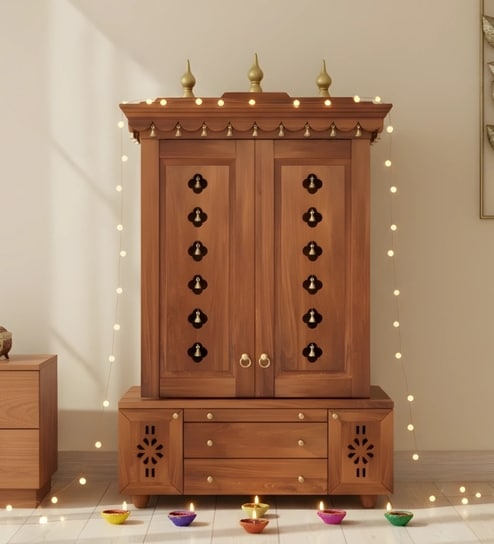 Vrittika Teak Wooden Pooja Mandir With Door