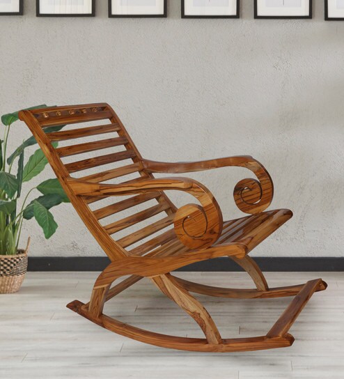 Teakwood Rocking Chair In Natural Finish With Round Handles By Confortofurnishing