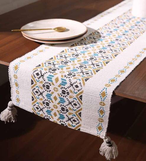 Mustard & Black Accents Premium Woven Table Runner with Tassels