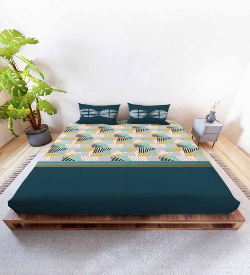 Teal Abstract 144 TC Cotton King Sized Double Bedsheet with 2 Pillow Covers Rushmoor SS23 Collection