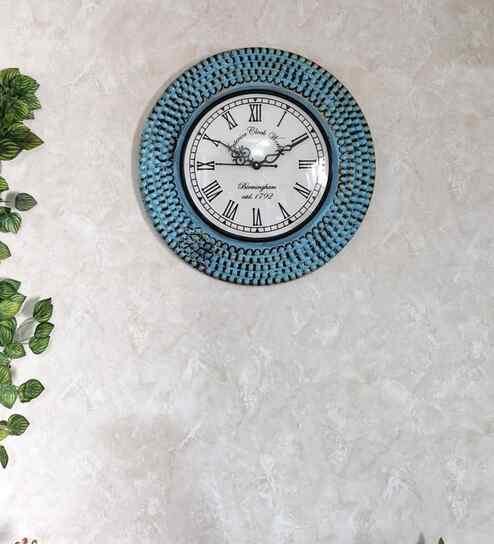 Teal Colour Engineered Wood Distress Finish Dotted Wall Clock