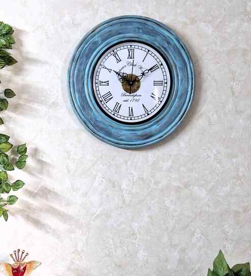 Teal Colour Engineered Wood Distress Finish Rings Wall Clock