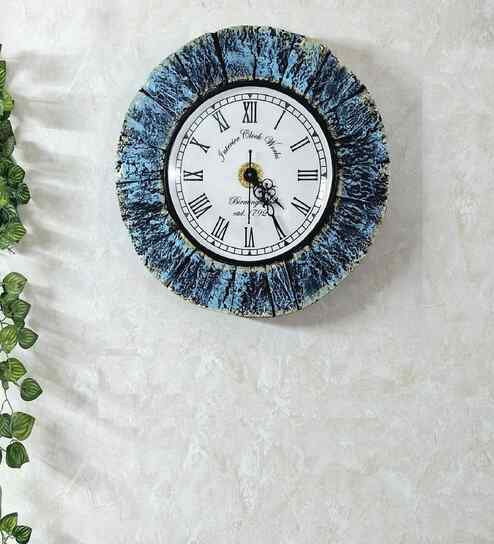 Teal Colour Round Solid Wood Bark Finish Wall Clock