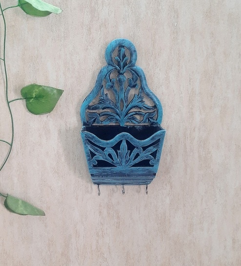 Teal Colour Sheesham Wood Key Holder in Distress Finish