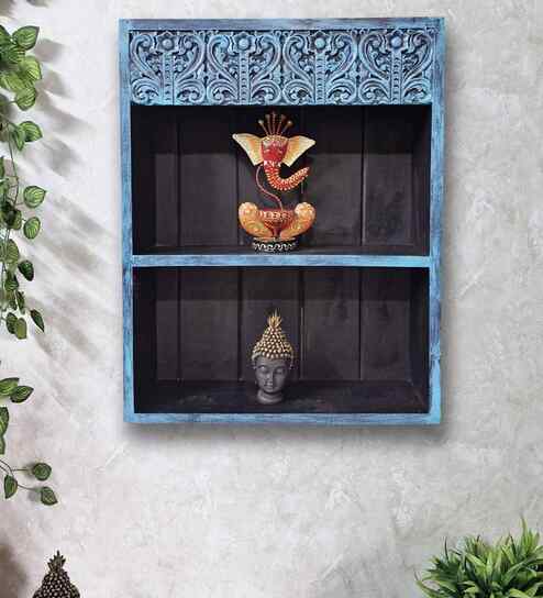 Teal Colour Solid Wood Handcarved Box Style Floating Wall Shelf With Compartment