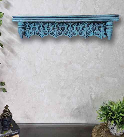 Teal Colour Solid Wood Handcarved Floating Wall Shelf